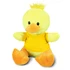 A yellow duck plush toy with an orange beak and feet, wearing a yellow shirt, featuring a logo on the shirt.