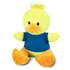 A yellow duck plush toy with an orange beak and feet, wearing a blue shirt, features a fluffy tuft on its head.