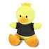 A yellow duck plush toy with an orange beak and feet, wearing a black shirt, featuring a logo on the shirt.