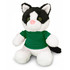 A black and white cat plush toy wearing a green shirt with bright green eyes and soft fur. It has a logo on the shirt.