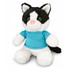 A black and white cat plush toy wearing a blue shirt, with green eyes and a pink nose.