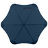 A navy blue BLUNT Coupe Umbrella with a unique star-shaped canopy design and a logo on the handle.