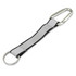 A grey reflector key ring with a silver carabiner and metal ring for attachment. Features a logo.