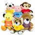 Assorted plush toys in various colours, including a cow, pig, monkey, duck, tiger, and lion, wearing colourful shirts.