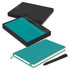A teal Moleskine notebook with an elastic closure and a matching pen, presented in a black gift box.