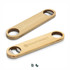 A drink bottle opener in natural wood, featuring two circular openings and a logo on one side.