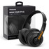 A pair of black Skullcandy Cassette headphones displayed next to its packaging, featuring a logo on the headphone band.