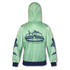 A mint green zipped hoodie featuring a logo on the back, with navy blue accents on the sleeves and hem.