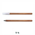 A metal pen with a wooden finish, featuring a clear cap and a black tip, along with subtle branding elements.