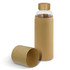 A drink bottle featuring a clear glass body and a bamboo lid, packaged in a brown cardboard tube.