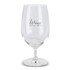 A clear wine glass with a curved bowl and a sturdy base, featuring a logo.