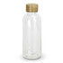 A drink bottle made of clear material with a wooden lid. It features a simple, sleek design.