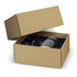 A gift box containing a tea set with a clear teapot, two cups, and a black interior. The box is plain brown with a lid.