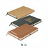 Three hard cover notebooks in brown, grey, and tan with elastic closures and a logo on one. Three hard cover notebooks in brown, grey, and tan with elastic closures and a logo on one.