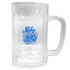 A clear glass beer mug with a sturdy handle and a blue decorative text design. Suitable for enjoying beverages.