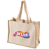 A beige tote bag with sturdy handles and a colourful graphic design on the front. It has a logo.
