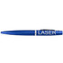 A blue metal pen with a silver trim and a branded logo.