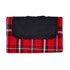A red and black checkered picnic rug featuring a black flap and an attached carrying handle.