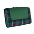 A picnic rug in green with a tartan pattern featuring red, blue, and yellow lines. Includes a logo.