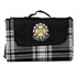 A black and white checkered picnic rug with a logo on the front and a carrying handle.