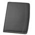 A black imitation leather zip compendium with contrasting stitching, featuring a logo on the front.