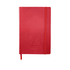 A red journal with a sleek cover, featuring an elastic closure and a logo embossed on the front.