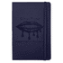 A navy blue journal with a textured cover and an elastic closure. It features a branding logo on the front.