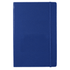 A blue journal with a textured cover and an elastic band closure. It features a logo on the front.
