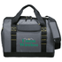 A grey cooler bag with a front pocket, featuring a logo and black straps for easy carrying.