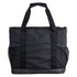 A black cooler bag with sturdy handles and mesh side pockets, featuring a logo on the front.
