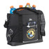 A black cooler bag featuring a logo, multiple drink bottles, and pockets for accessories.