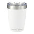 A drink bottle featuring a frosted white design with a stainless steel lid and a logo. Suitable for various beverages.