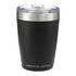 A drink tumbler in matte black with a stainless steel lid, featuring a logo on the front.