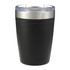 A drink bottle featuring a sleek black design with a transparent lid and metallic band, branded logo included.