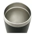 A drink bottle with a sleek black exterior and stainless steel interior, featuring a logo on the surface.