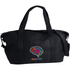 A black recycled canvas duffle bag with colourful gear and brain logo, featuring dual handles and a shoulder strap.