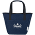 A navy blue cooler tote with black handles and a front pocket featuring a logo. Made from recycled canvas material.