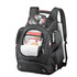 A black backpack with multiple compartments, zippers, and a laptop sleeve, featuring a logo on the front.