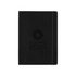A large black bound journal with an elastic closure, featuring a logo on the cover.