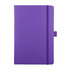A purple journal with a textured cover, featuring a band closure and a small logo on the front.