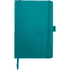 A teal notebook with a textured cover, featuring a band closure and a ribbon marker. It has a logo on the front.