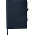 A navy refillable journal with a sleek cover and a pen attached, featuring an elastic pen loop and ribbon bookmark.