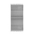 A grey flat terry towel with striped pattern and tassels along the edges. It features a logo.