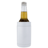 A drink bottle in a white stubby holder, designed to keep beverages cold. The holder features a logo.