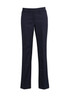 A pair of dark navy relaxed pants with a straight leg and front pockets. The pants feature a button closure and a logo.