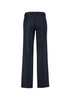 A pair of navy women's slacks with an adjustable waist, featuring a straight leg design and a logo on the waistband.