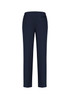 Navy women's slim leg pants with a smooth finish and a single back pocket. Features a bandless design.