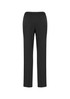 A pair of women's black stretch pants with an elasticised waist and a straight-leg design.