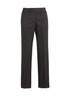 Black relaxed pants made from comfort wool stretch fabric, featuring a straight leg design and a waistband with a button.