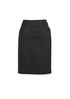 A black multi-pleat women's skirt with a fitted design and discreet branding.
